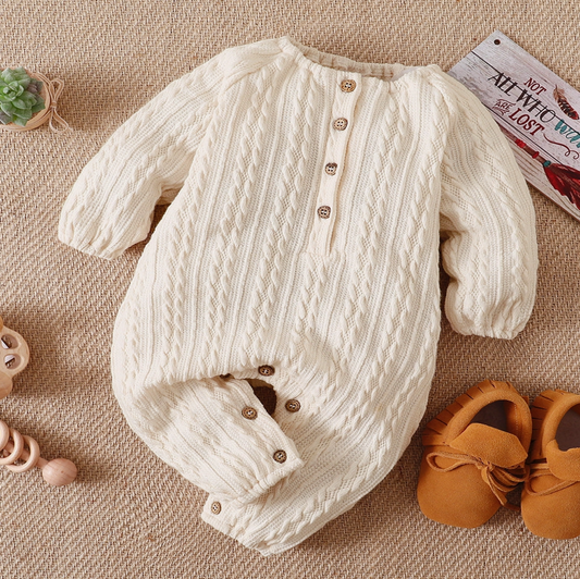 Solid Knitted Button Design Long-Sleeve Baby Jumpsuit