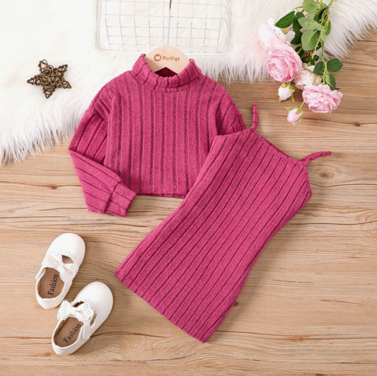 Toddler Girl Solid Stand Collar Long Sleeve Dress Set