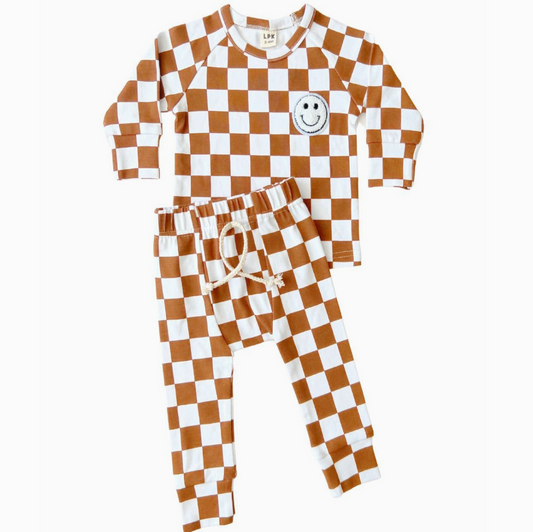 Lucky Panda Kids Checkered Smiley Lounge Set | Copper