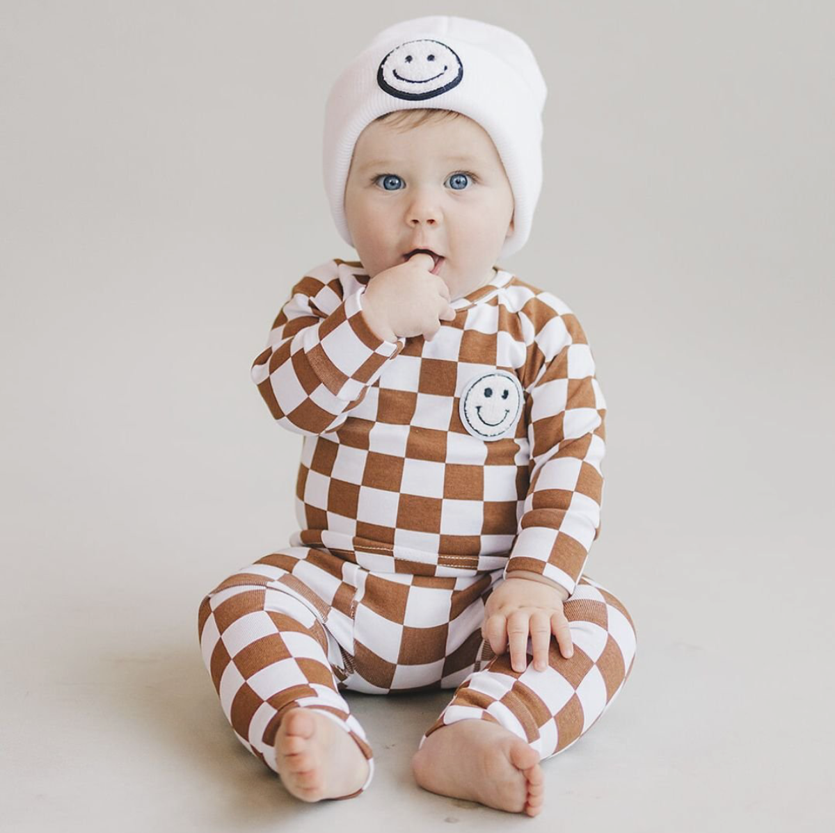 Lucky Panda Kids Checkered Smiley Lounge Set | Copper