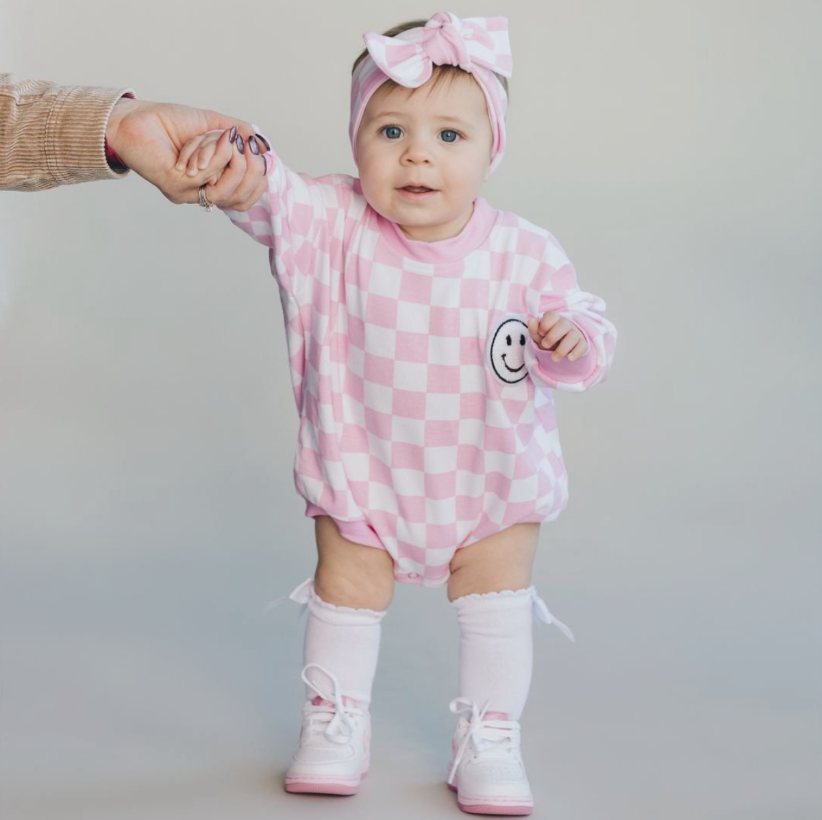 Bubble Romper | Checkered Smiley Pink