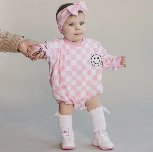 Bubble Romper | Checkered Smiley Pink