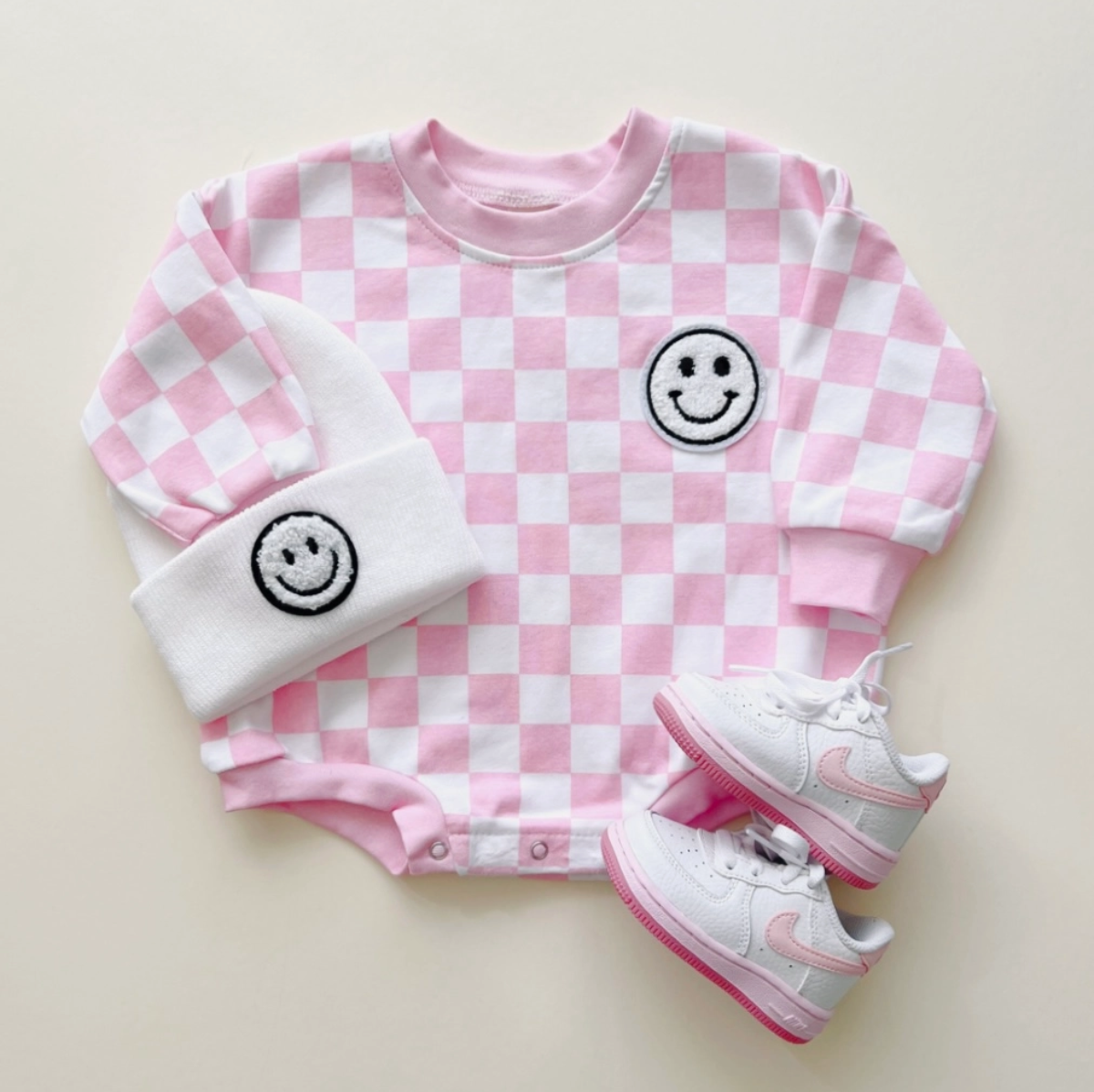 Bubble Romper | Checkered Smiley Pink