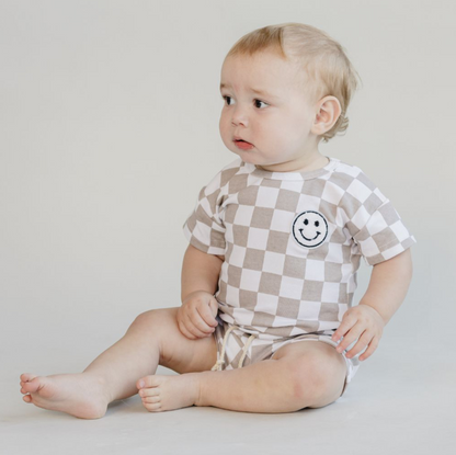 Lucky Panda Kids Checkered Shorts Set | Latte