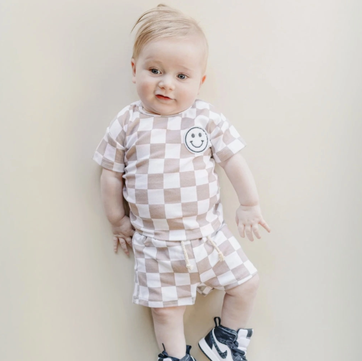 Lucky Panda Kids Checkered Shorts Set | Latte