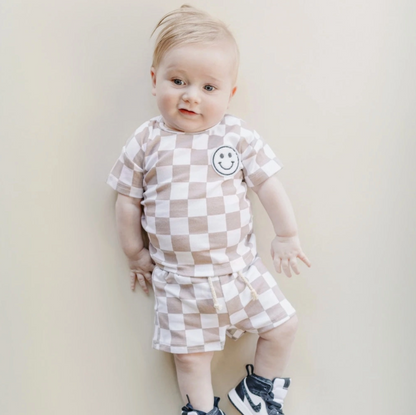 Lucky Panda Kids Checkered Shorts Set | Latte