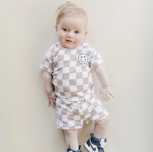 Lucky Panda Kids Checkered Shorts Set | Latte
