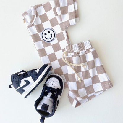 Lucky Panda Kids Checkered Shorts Set | Latte