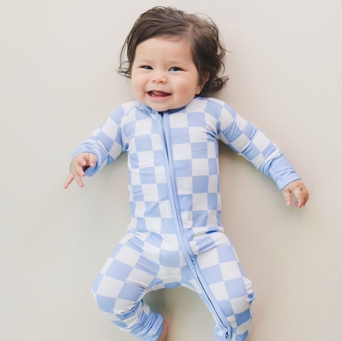 Bamboo Zip Romper | Blue Checkered