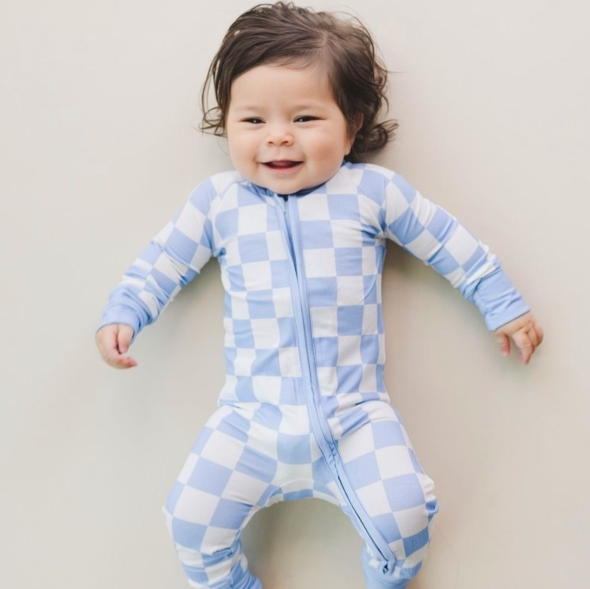 Bamboo Zip Romper | Blue Checkered