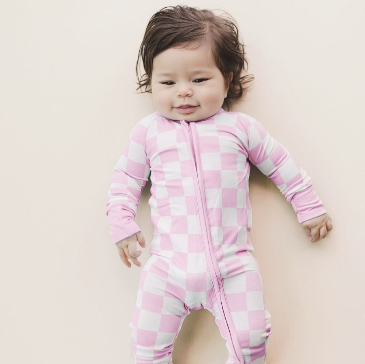 Bamboo Zip Romper | Pink Checkered