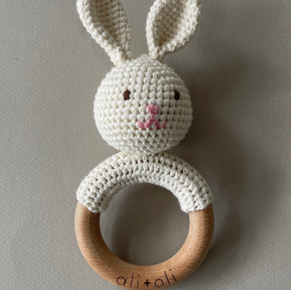 Baby Teething Toy Rattle Wood Ring Crochet (Bunny)