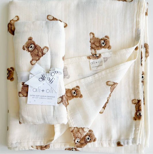 Muslin Swaddle Blanket (Teddy Bear)