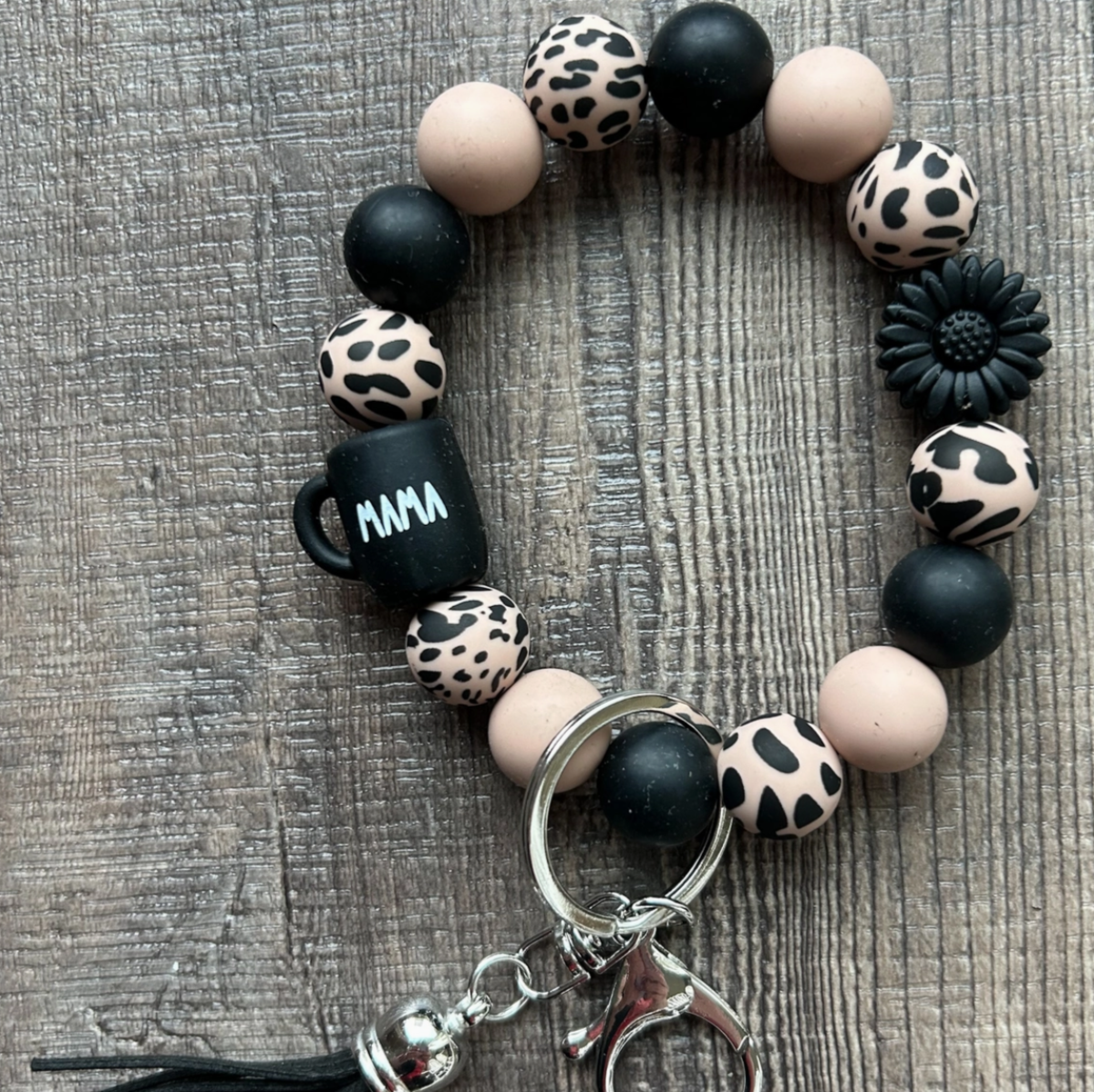 Mama Coffee Mug Black Daisy Leopard Wristlet Keychain