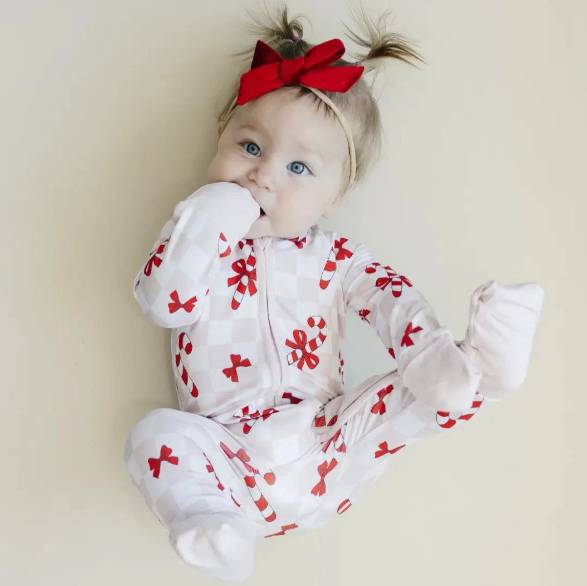 Christmas Baby Bamboo Lucky Panda Kids Zip Romper | Bows & Candy Cane