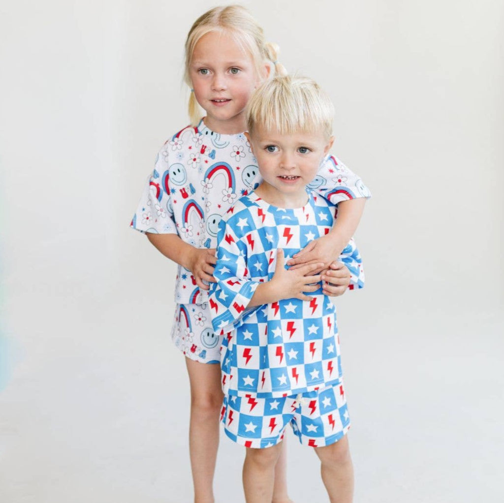 4th of July Lucky Panda Kids Shorts Set | Checks & Stars