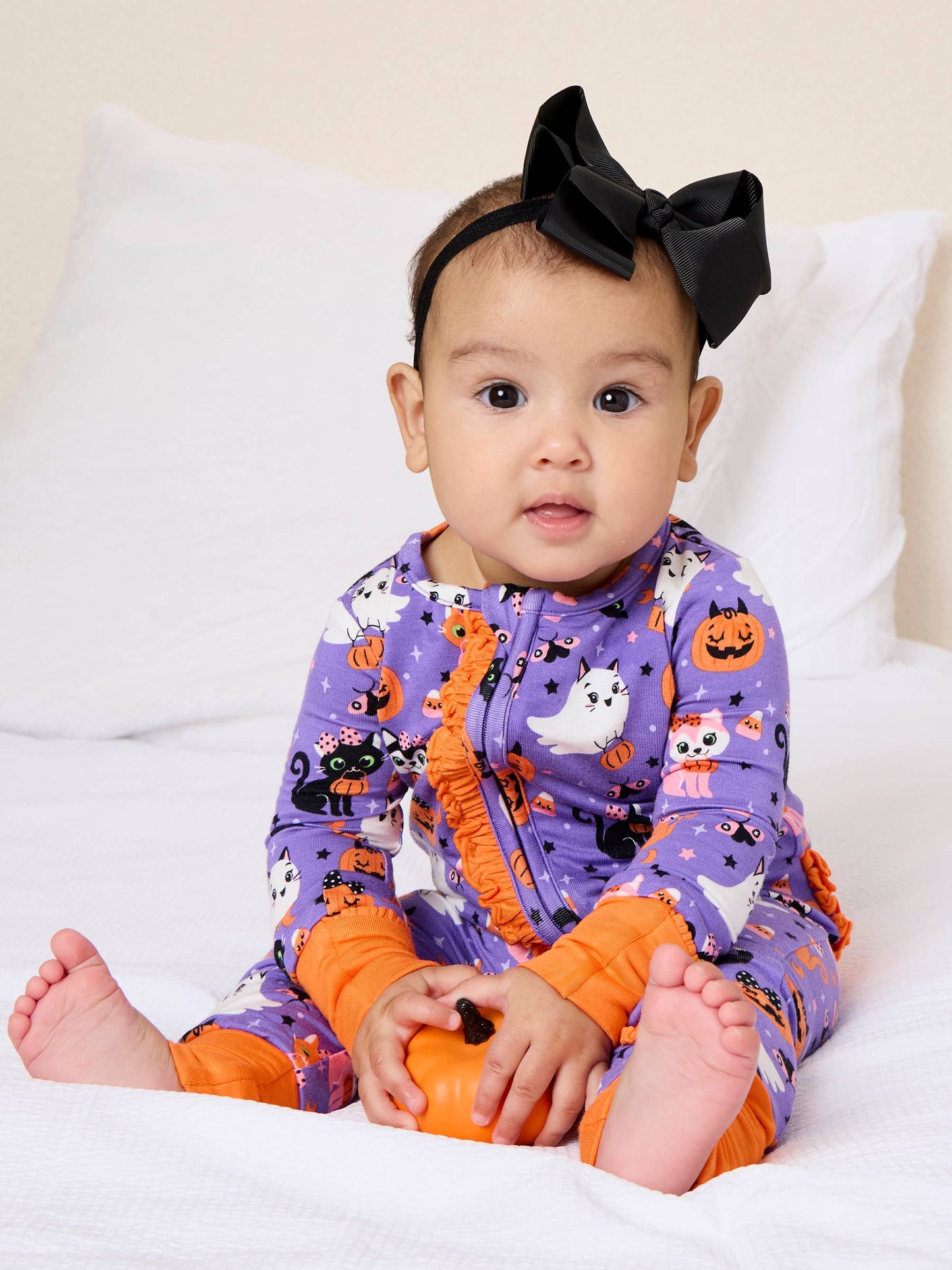 SoftSnooze™ Baby Girls Bamboo Viscose Boo-tiful Kittens Convertible Ruffle One Piece Footie Pajama