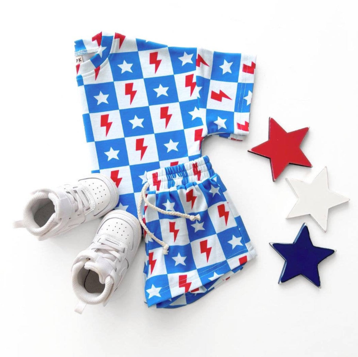 4th of July Lucky Panda Kids Shorts Set | Checks & Stars