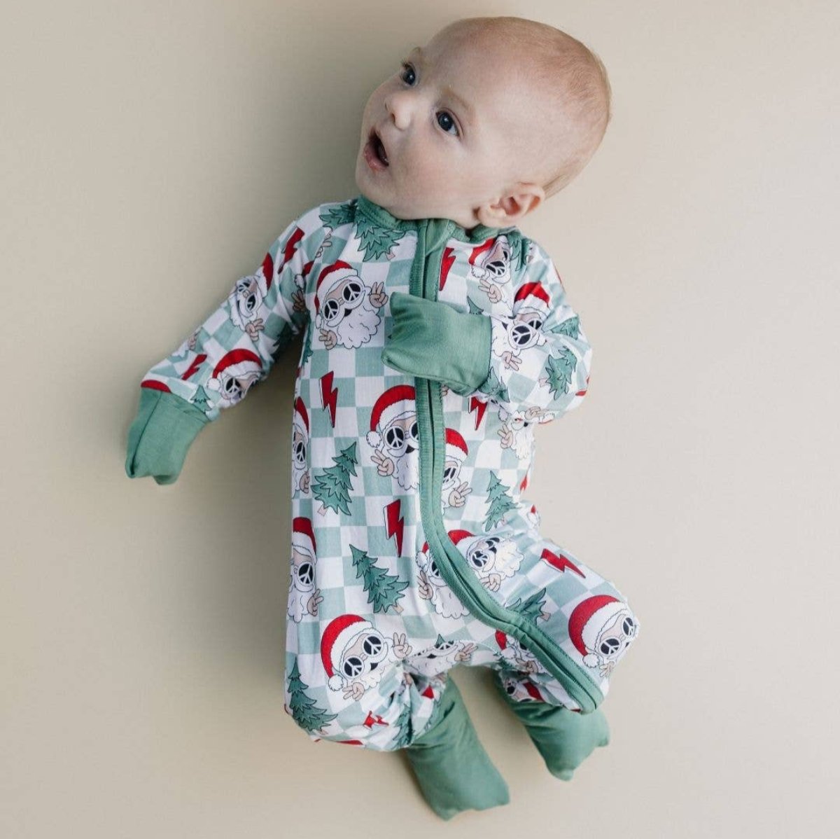 Christmas Baby Bamboo Clothing Zip Romper | Checkered Santa