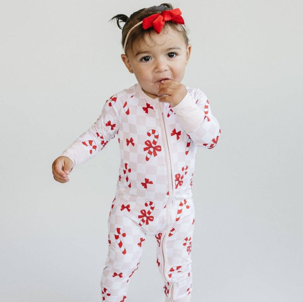 Christmas Baby Bamboo Lucky Panda Kids Zip Romper | Bows & Candy Cane