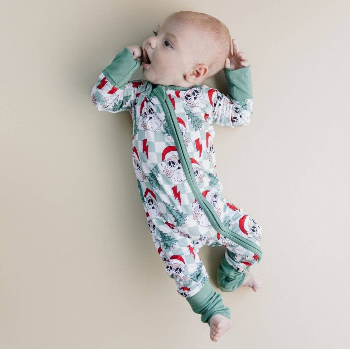 Christmas Baby Bamboo Clothing Zip Romper | Checkered Santa