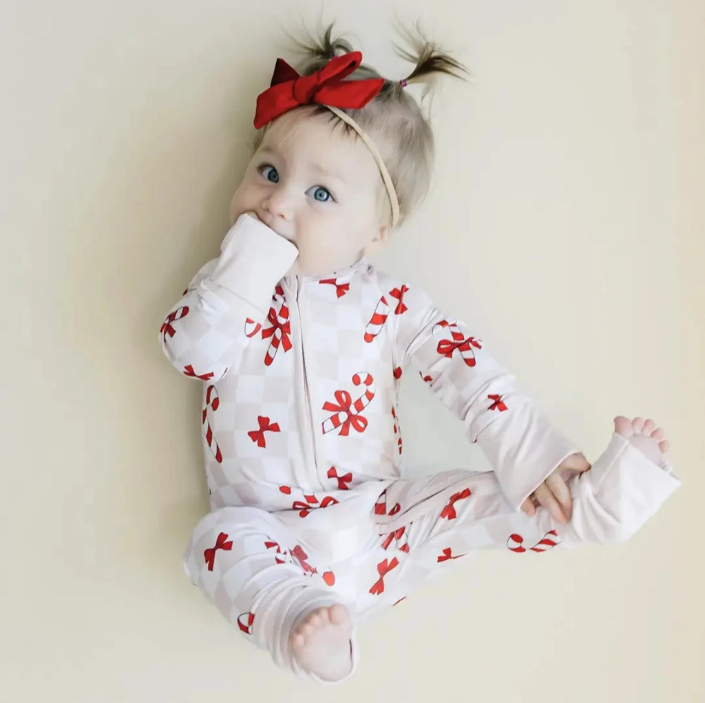 Christmas Baby Bamboo Lucky Panda Kids Zip Romper | Bows & Candy Cane