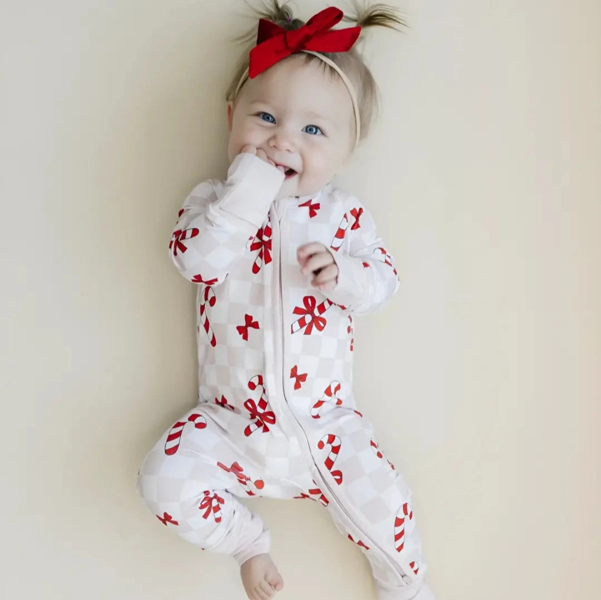 Christmas Baby Bamboo Lucky Panda Kids Zip Romper | Bows & Candy Cane