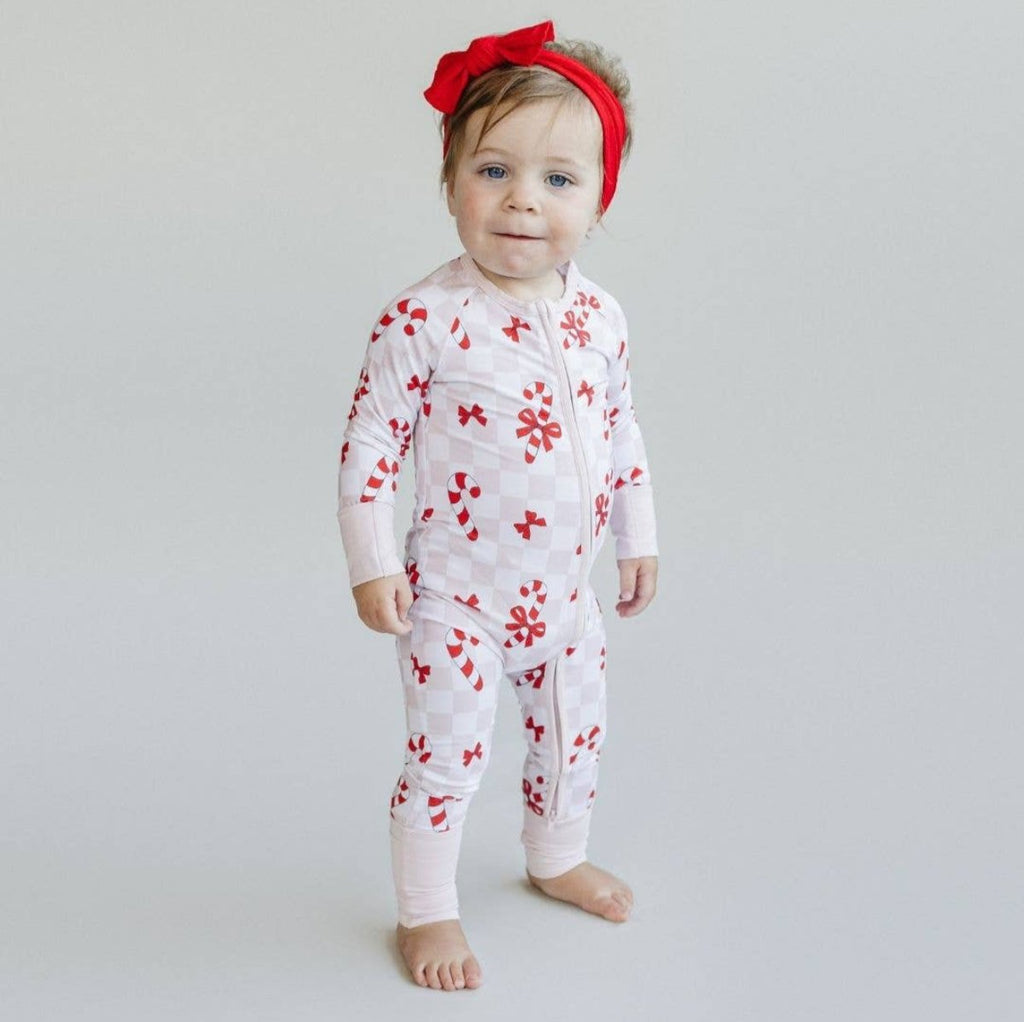 Christmas Baby Bamboo Lucky Panda Kids Zip Romper | Bows & Candy Cane