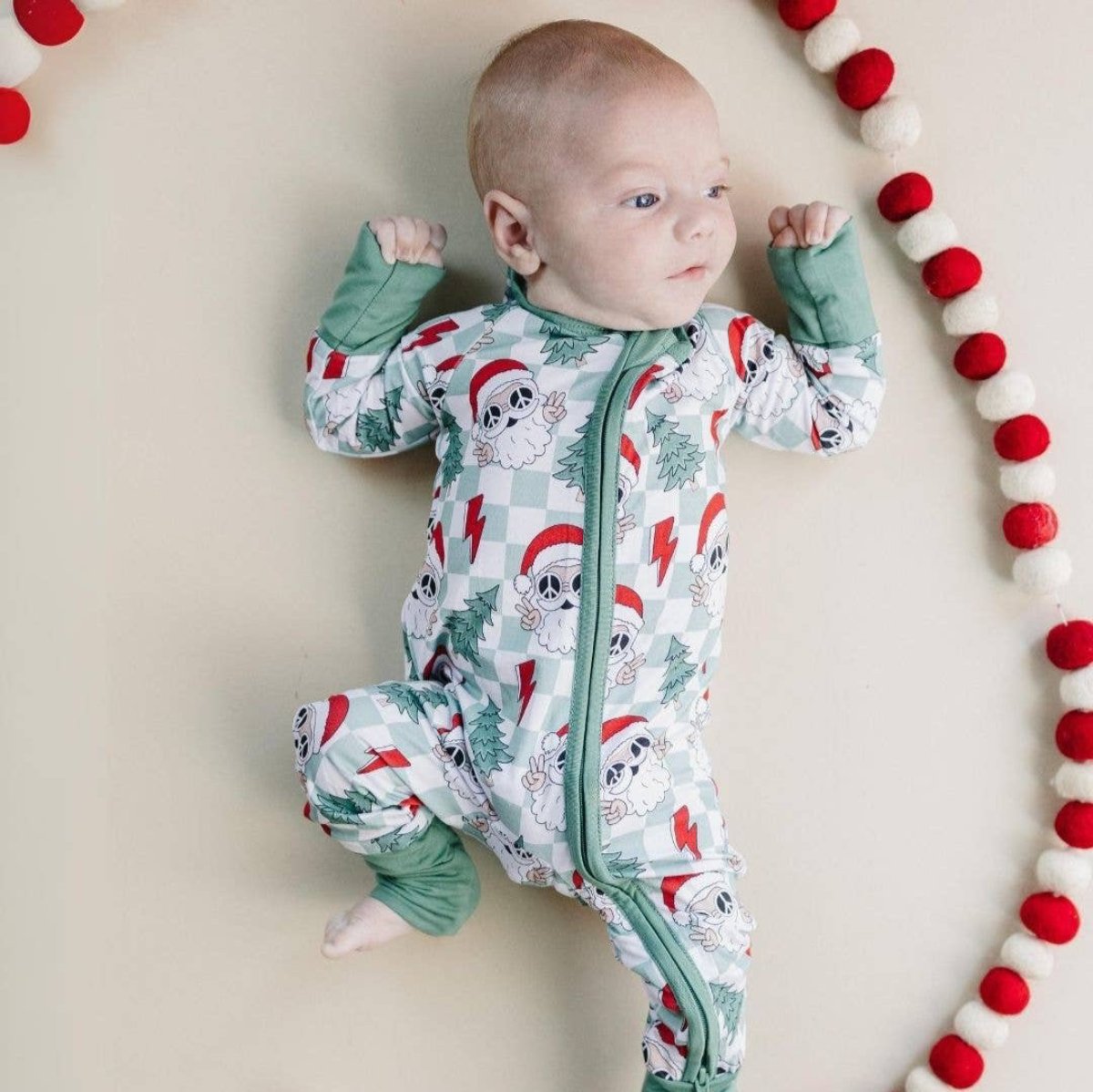 Christmas Baby Bamboo Clothing Zip Romper | Checkered Santa