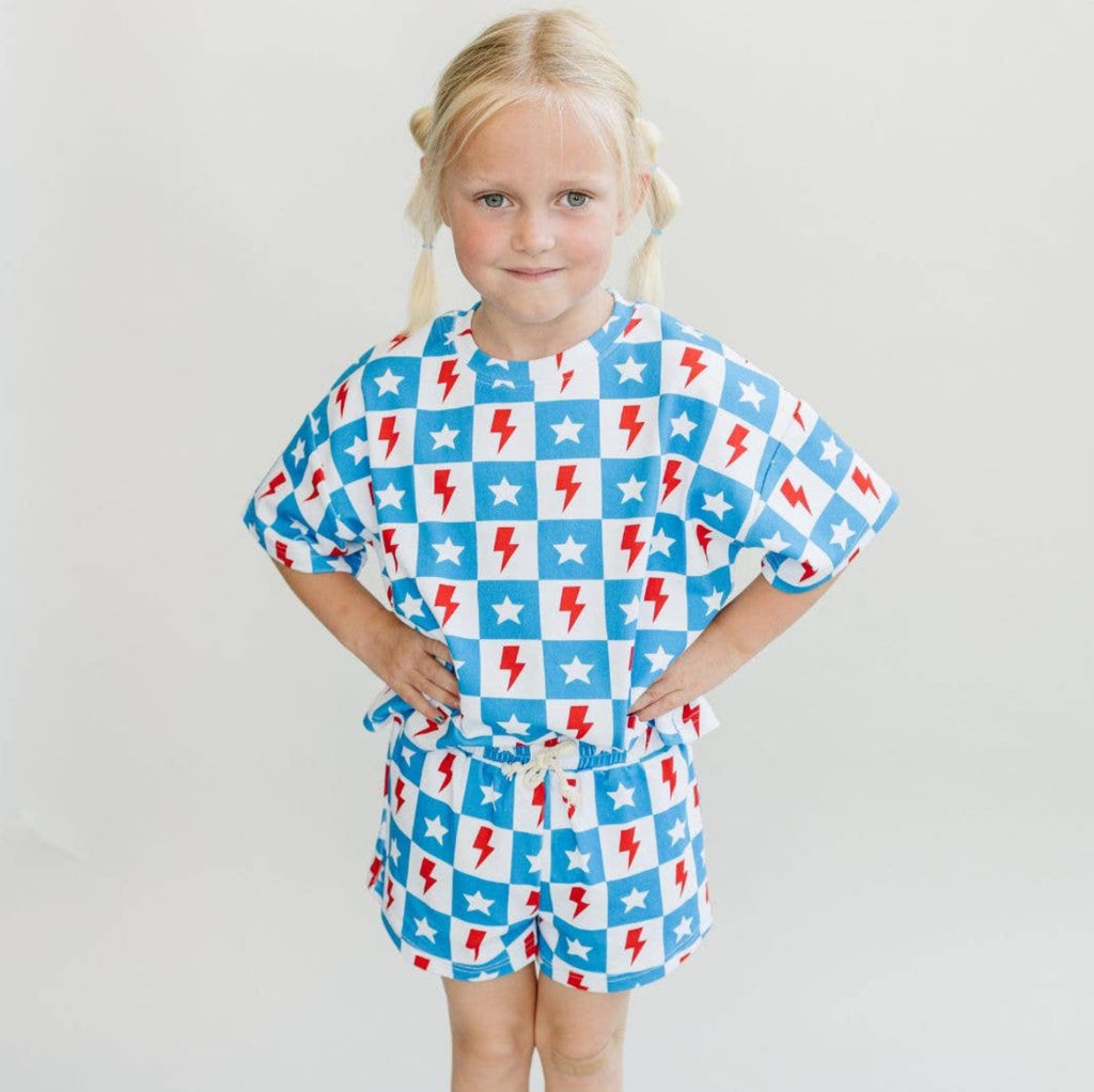 4th of July Lucky Panda Kids Shorts Set | Checks & Stars
