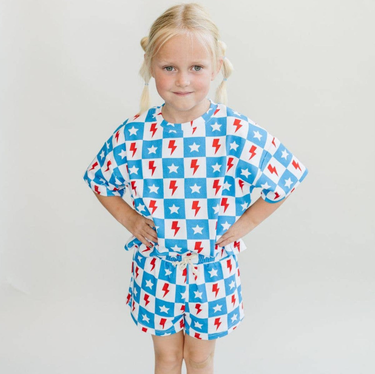 4th of July Lucky Panda Kids Shorts Set | Checks & Stars