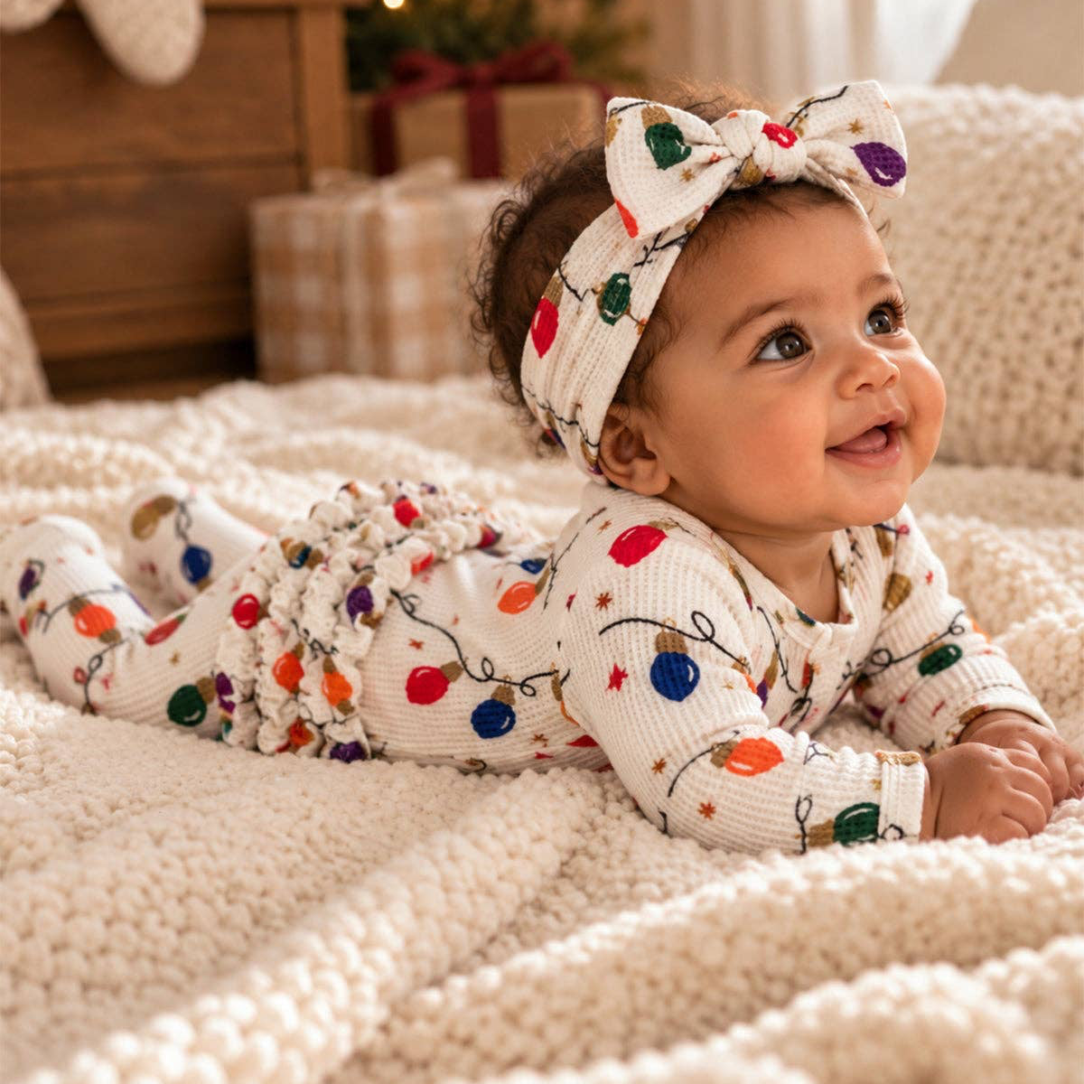 Organic Waffle Ruffle Zip Footie, Christmas Lights