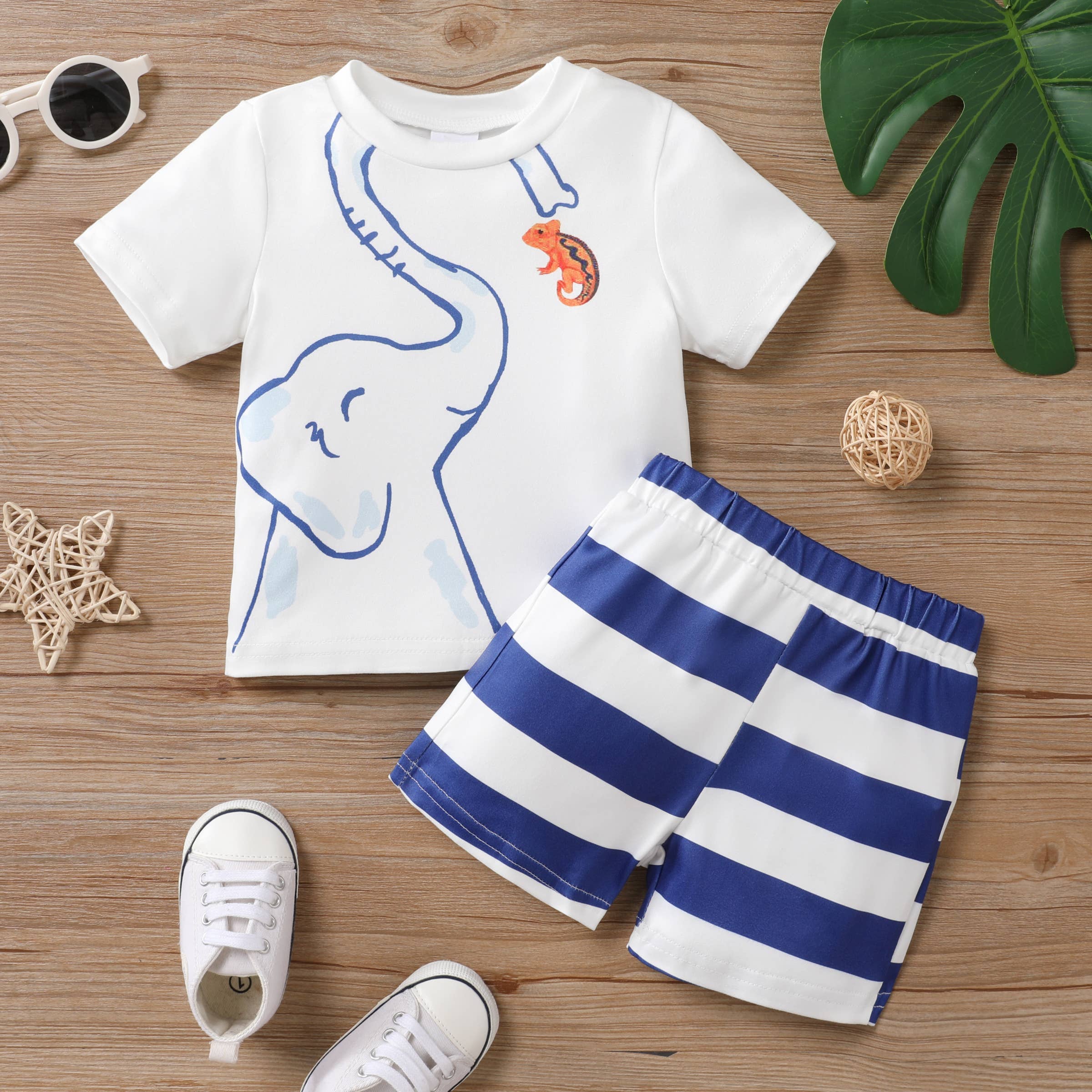 Elephant Pattern 2-Piece Baby Boy's Casual Short-Sleeved