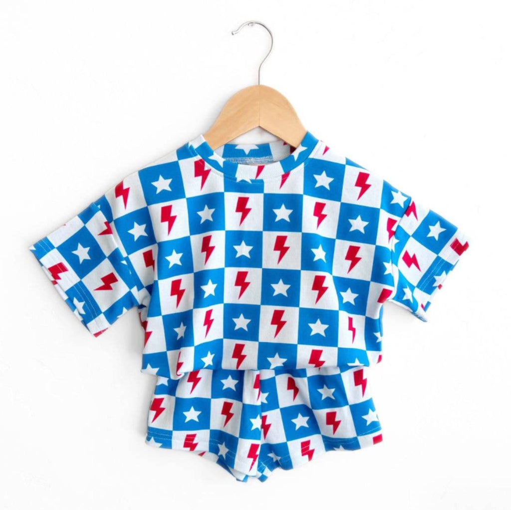 4th of July Lucky Panda Kids Shorts Set | Checks & Stars