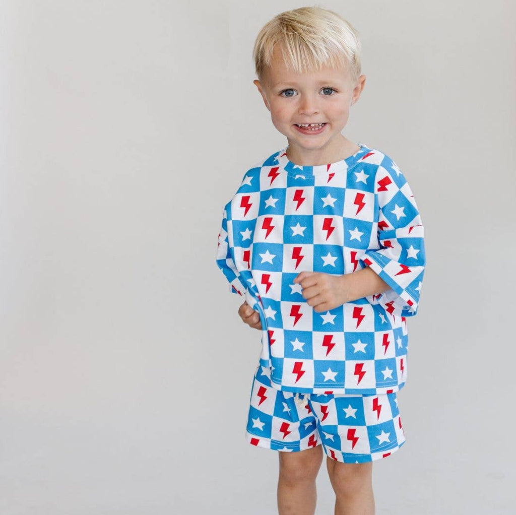 4th of July Lucky Panda Kids Shorts Set | Checks & Stars